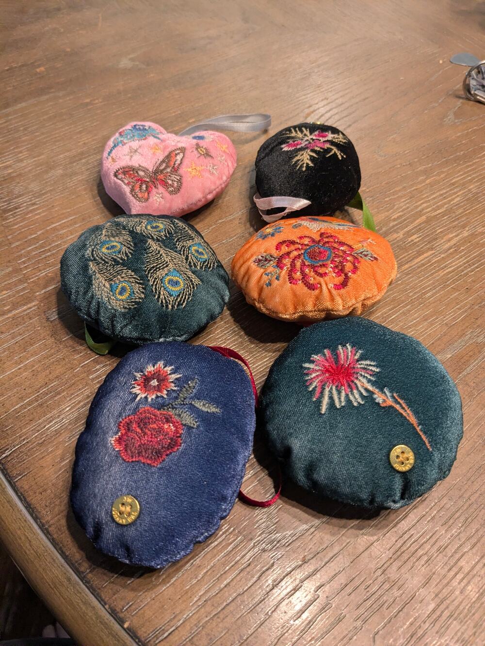 Set of 6 Johnny Was Christmas Tree Ornaments Embroidered Velvet Birds Butterfly